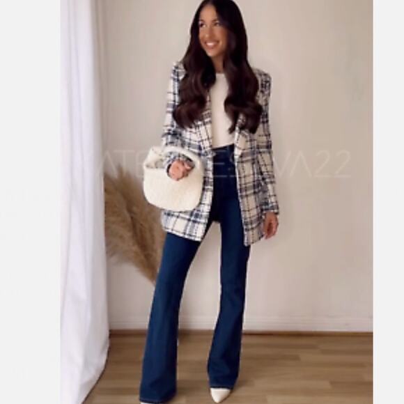 NWT Zara Blogger Blue White Double Breasted Textured Blazer Jacket. - Picture 4 of 13